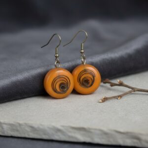 Handmade epoxy resin earrings with a spiral copper wire element.