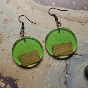 Green Epoxy Resin and Wood Disc Earrings, Rough Finish Handmade Resin Earrings with Wood Insert