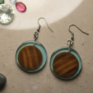 Round Wood and Epoxy Resin Earrings, Brown Wood Grain Disc Earrings with Blue Resin Edge