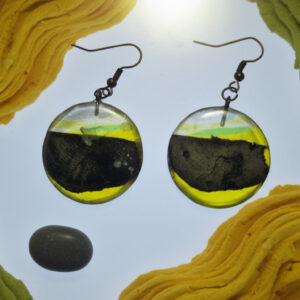 Round Epoxy Resin Earrings with Caribbean Driftwood, Transparent Yellow Resin Disc Earrings