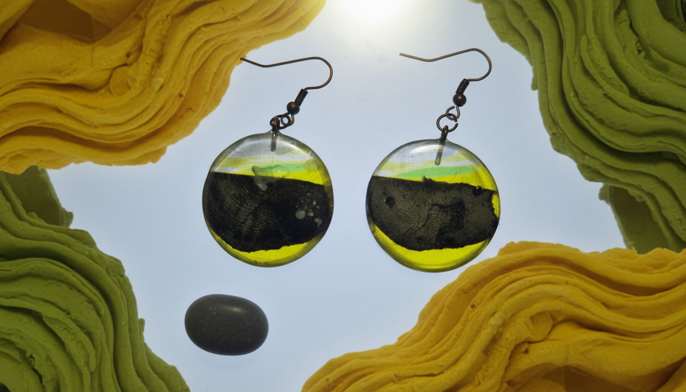 Round Epoxy Resin Earrings with Caribbean Driftwood, Transparent Yellow Resin Disc Earrings