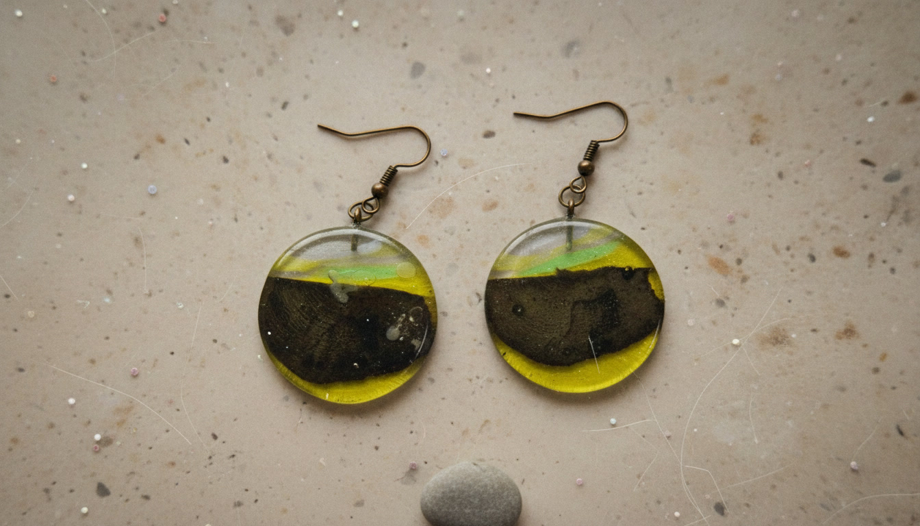 Round Epoxy Resin Earrings with Caribbean Driftwood, Transparent Yellow Resin Disc Earrings - Image 3