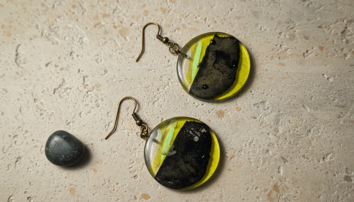 Round Epoxy Resin Earrings with Caribbean Driftwood, Transparent Yellow Resin Disc Earrings - Image 4