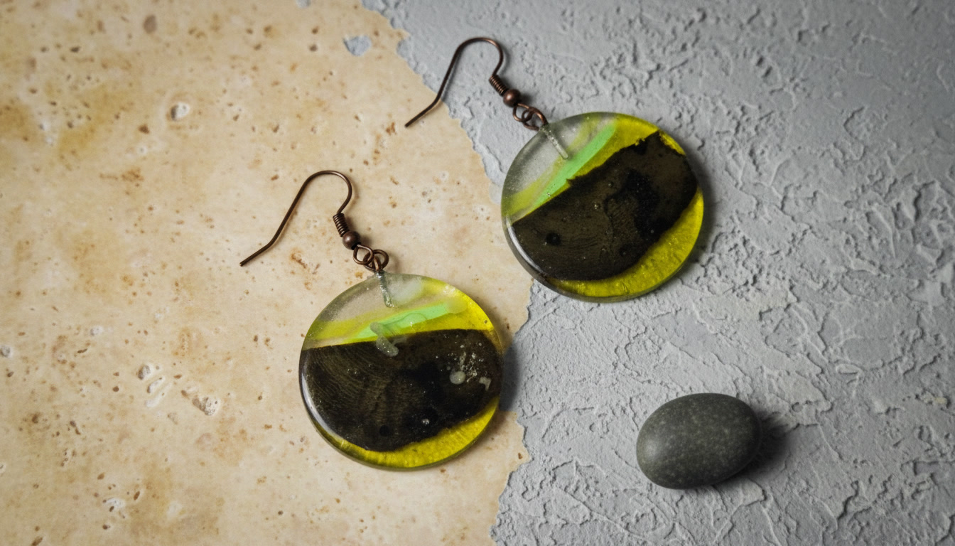 Round Epoxy Resin Earrings with Caribbean Driftwood, Transparent Yellow Resin Disc Earrings - Image 5