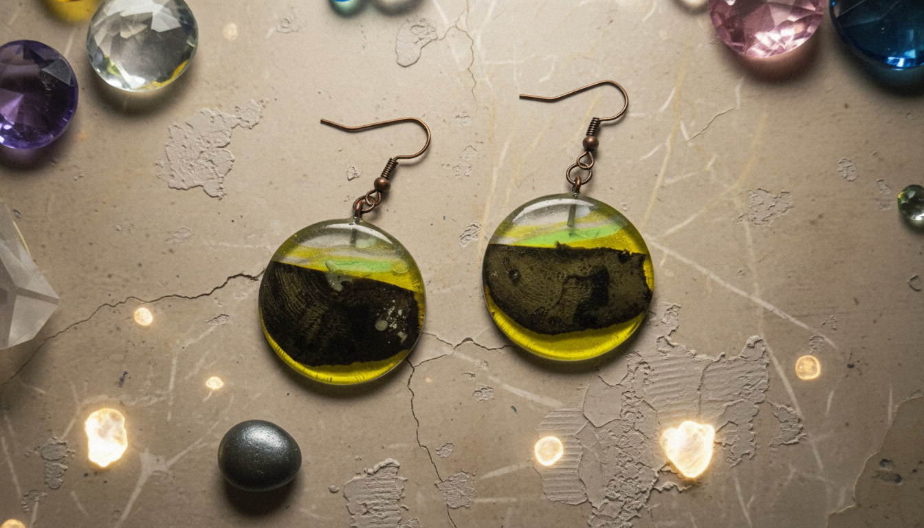 Round Epoxy Resin Earrings with Caribbean Driftwood, Transparent Yellow Resin Disc Earrings - Image 7