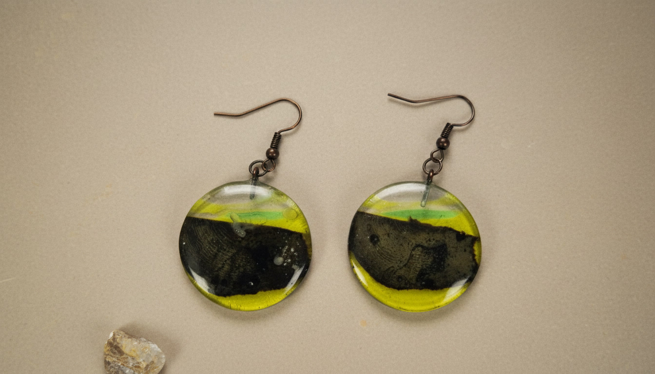 Round Epoxy Resin Earrings with Caribbean Driftwood, Transparent Yellow Resin Disc Earrings - Image 9