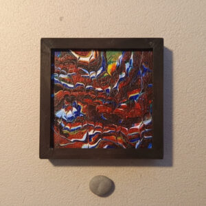Abstract Acrylic Pour Painting in Dark Wooden Frame, Colorful Fluid Art Mini Wall Piece 100×110 mm