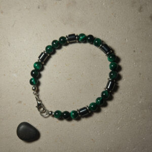 Green Bead Bracelet with Metal Spacers, Elastic Handmade Bracelet for Everyday Wear
