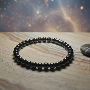 Black Round Onyx Bead Bracelet with Hematite Cylinder Beads, Handmade Elastic Beaded Bracelet for Everyday Wear