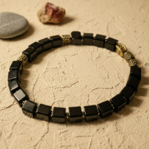 Black Square Stone Bead Bracelet with Antique Gold Accent Beads, Geometric Beaded Bracelet