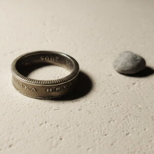 Silver Coin Band Ring Croatia Lipa, Handmade Coin Ring with Brown Bear Inside