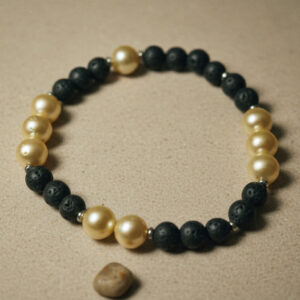 Black Round Lava Stone and Gold Pearl Bead Bracelet, Elastic Stretch Bracelet for Everyday Wear