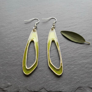 Olive Green Epoxy and Silver Dangle Earrings with Olive Wood, Open Teardrop Design