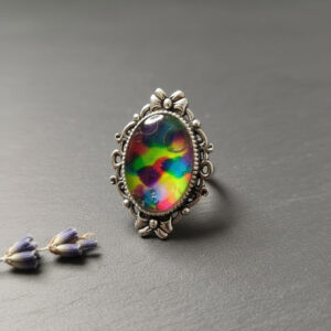 Multicolor Oval Epoxy Ring with Ornate Copper