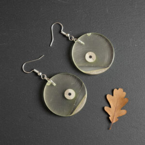 Round Disc Silver Epoxy Wood Earrings, Handmade Resin Earrings, Artisan Jewelry