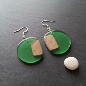 Round Green Silver Epoxy Wood Earrings, Handmade Resin Earrings, Artisan Jewelry