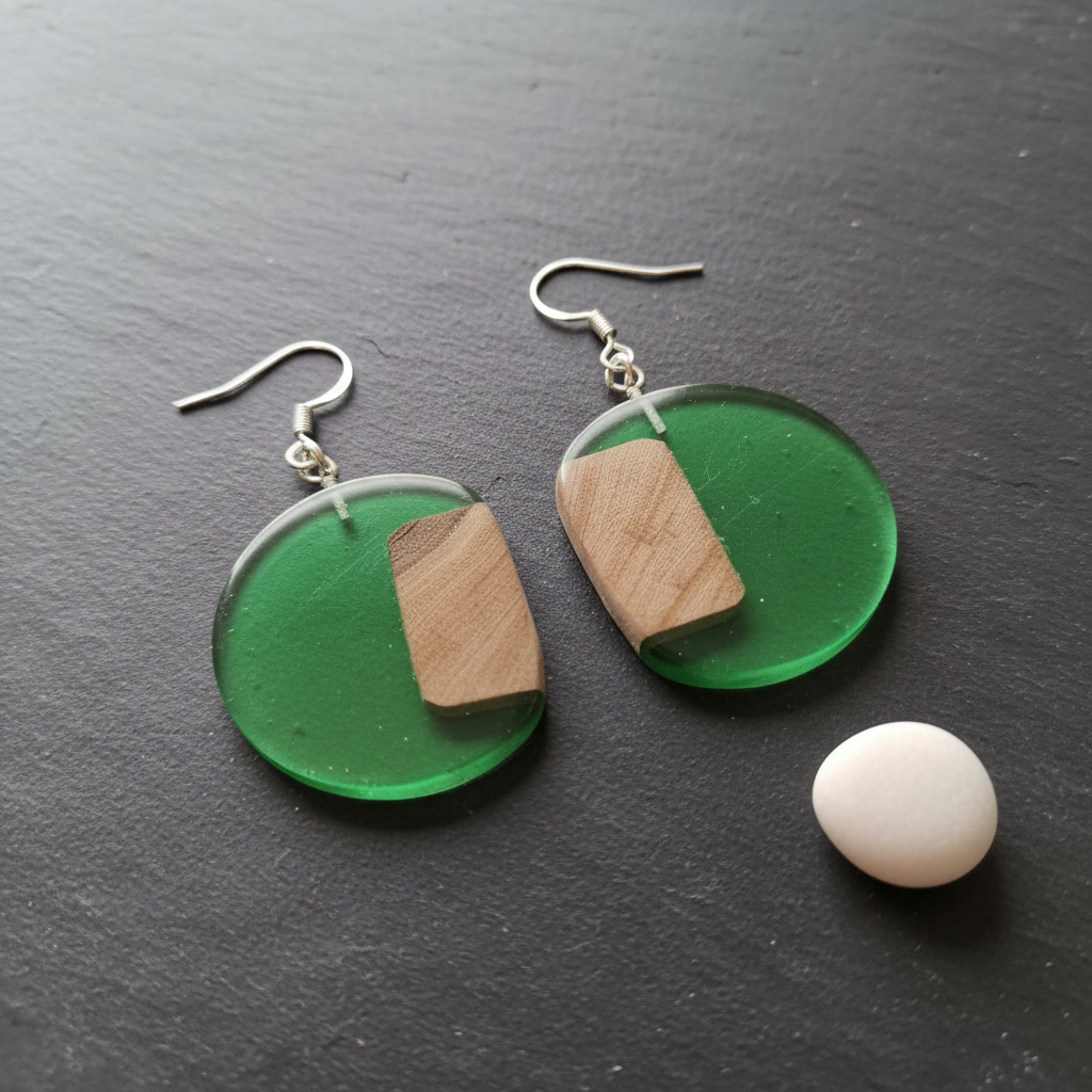 Round Green Silver Epoxy Wood Earrings, Handmade Resin Earrings, Artisan Jewelry