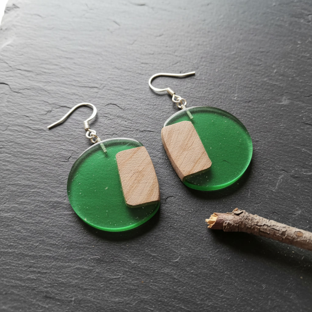 Round Green Silver Epoxy Wood Earrings, Handmade Resin Earrings, Artisan Jewelry - Image 2