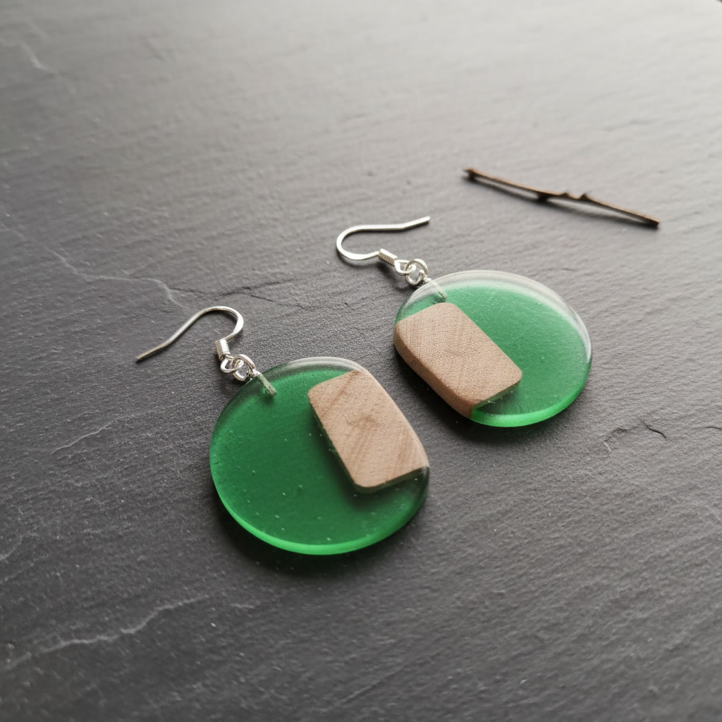 Round Green Silver Epoxy Wood Earrings, Handmade Resin Earrings, Artisan Jewelry - Image 3