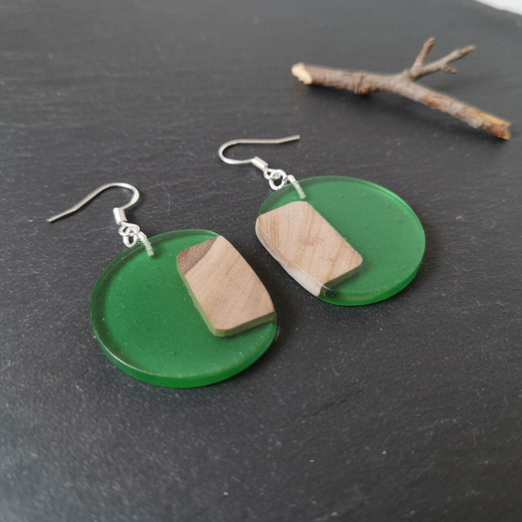 Round Green Silver Epoxy Wood Earrings, Handmade Resin Earrings, Artisan Jewelry - Image 4