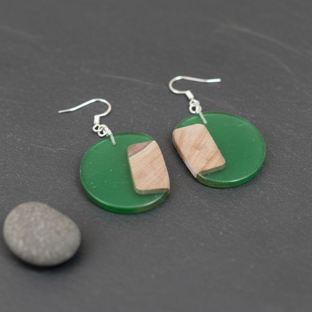 Round Green Silver Epoxy Wood Earrings, Handmade Resin Earrings, Artisan Jewelry - Image 5