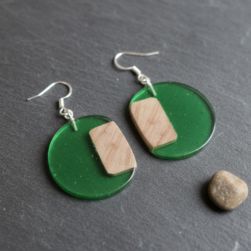 Round Green Silver Epoxy Wood Earrings, Handmade Resin Earrings, Artisan Jewelry - Image 6