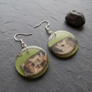 Round Green Silver Epoxy Wood Earrings, Handmade Resin Earrings, Artisan Jewelry, Variant 2