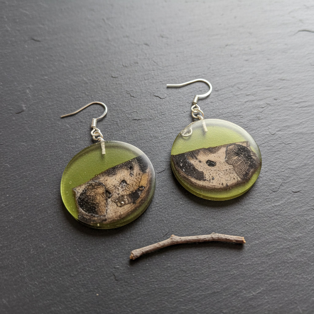 Round Green Silver Epoxy Wood Earrings, Handmade Resin Earrings, Artisan Jewelry, Variant 2 - Image 2