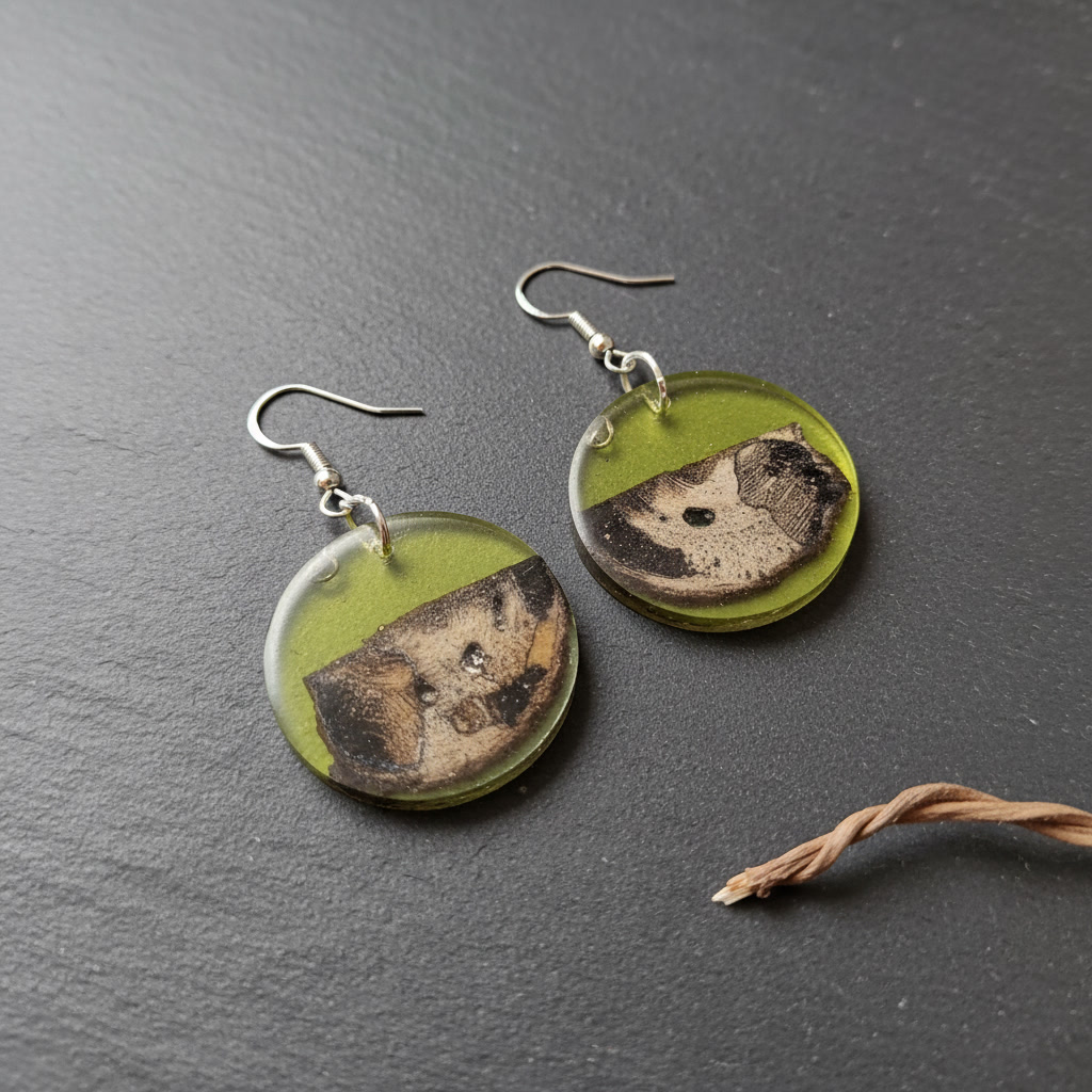Round Green Silver Epoxy Wood Earrings, Handmade Resin Earrings, Artisan Jewelry, Variant 2 - Image 3