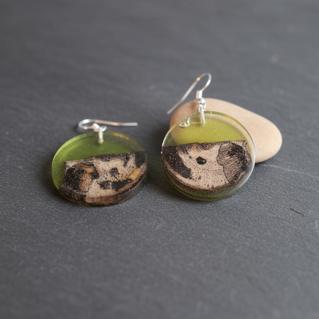 Round Green Silver Epoxy Wood Earrings, Handmade Resin Earrings, Artisan Jewelry, Variant 2 - Image 4