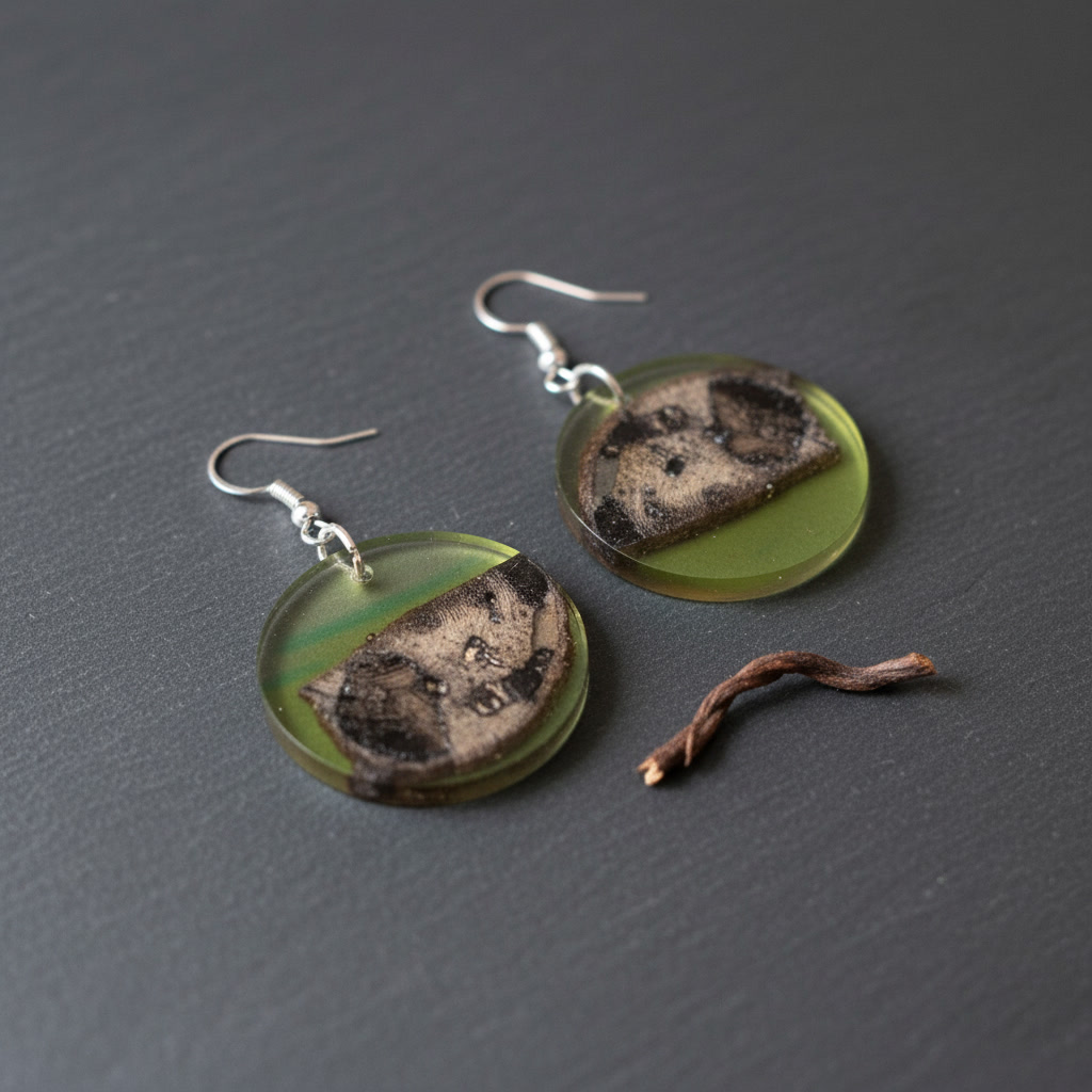Round Green Silver Epoxy Wood Earrings, Handmade Resin Earrings, Artisan Jewelry, Variant 2 - Image 5