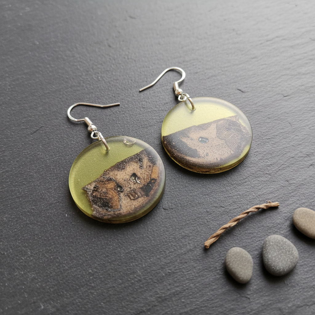 Round Green Silver Epoxy Wood Earrings, Handmade Resin Earrings, Artisan Jewelry, Variant 2 - Image 6