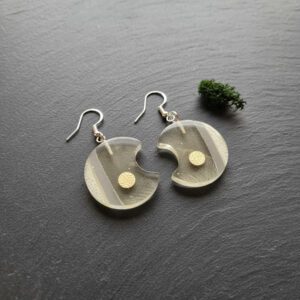 Round Disc Silver Epoxy Wood Earrings, Handmade Resin Earrings, Artisan Jewelry, Variant 2