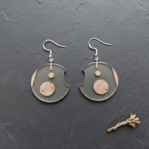 Round Disc Silver Epoxy Wood Earrings, Handmade Resin Earrings, Artisan Jewelry, 125635