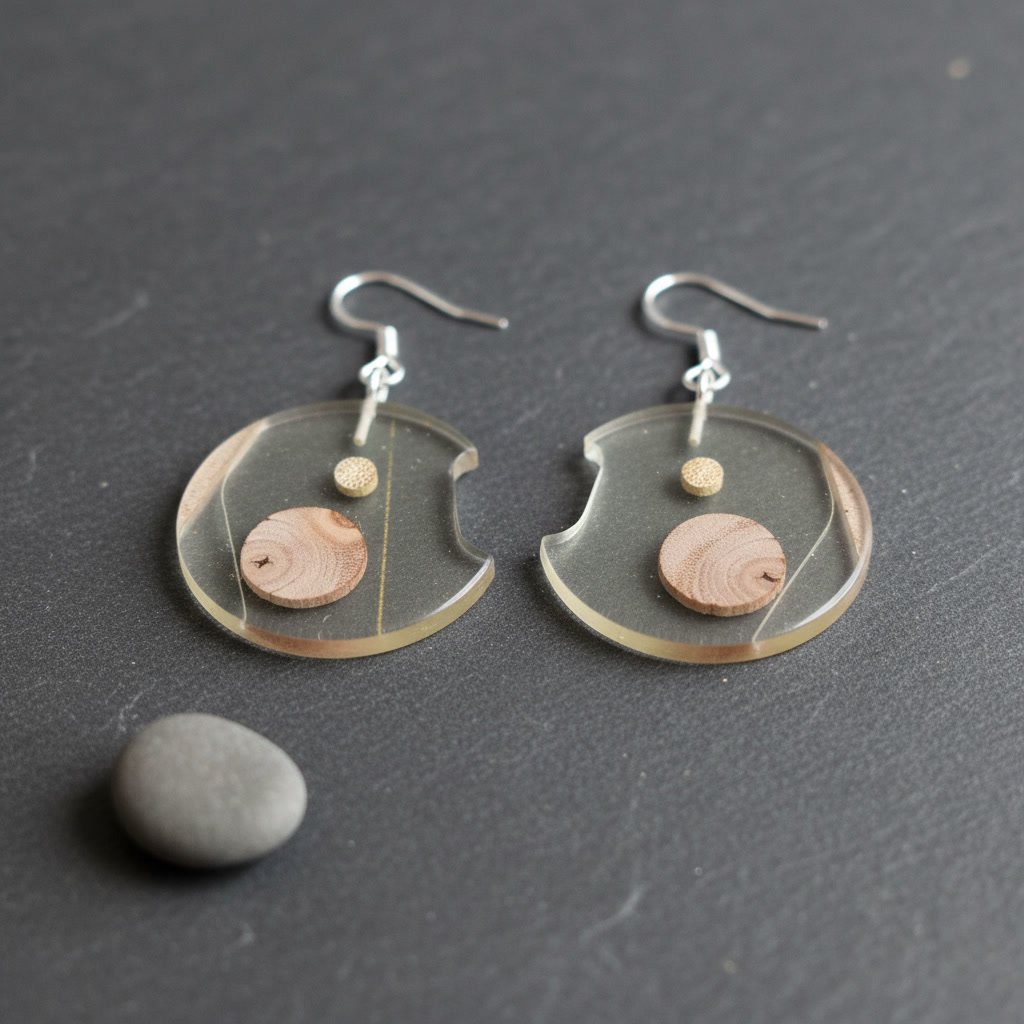Round Disc Silver Epoxy Wood Earrings, Handmade Resin Earrings, Artisan Jewelry, 125635 - Image 2
