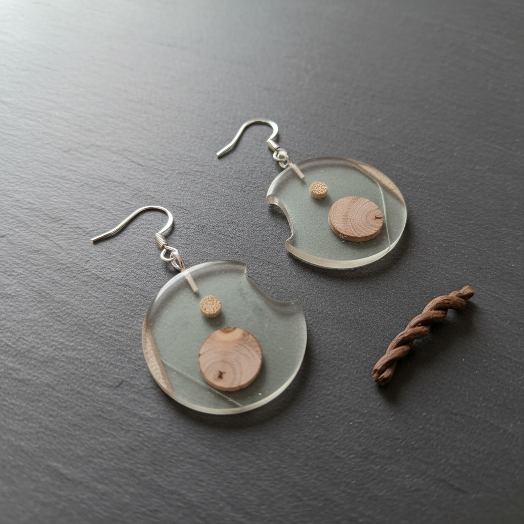 Round Disc Silver Epoxy Wood Earrings, Handmade Resin Earrings, Artisan Jewelry, 125635 - Image 3