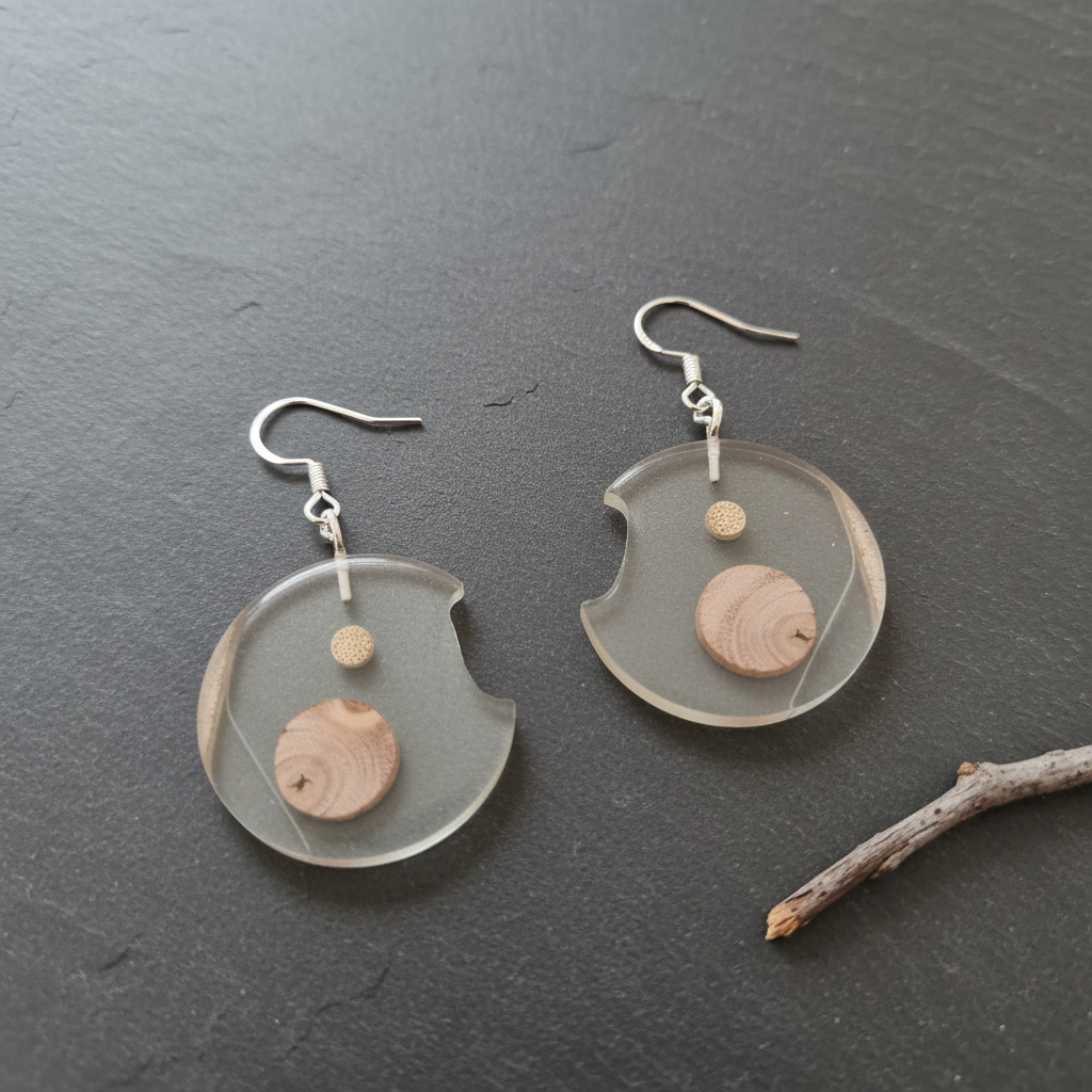 Round Disc Silver Epoxy Wood Earrings, Handmade Resin Earrings, Artisan Jewelry, 125635 - Image 4