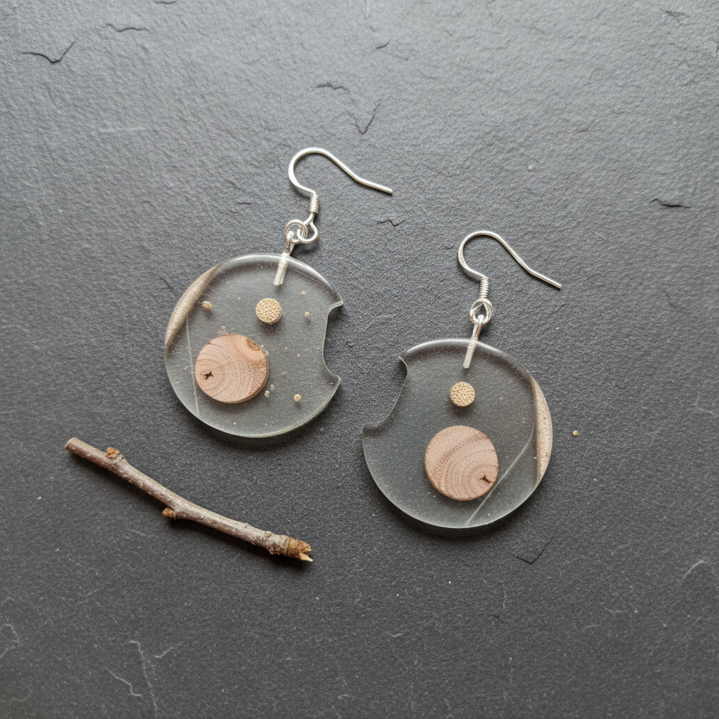 Round Disc Silver Epoxy Wood Earrings, Handmade Resin Earrings, Artisan Jewelry, 125635 - Image 5