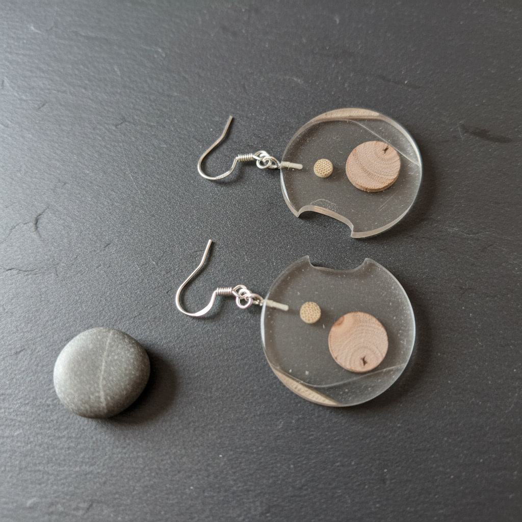 Round Disc Silver Epoxy Wood Earrings, Handmade Resin Earrings, Artisan Jewelry, 125635 - Image 6